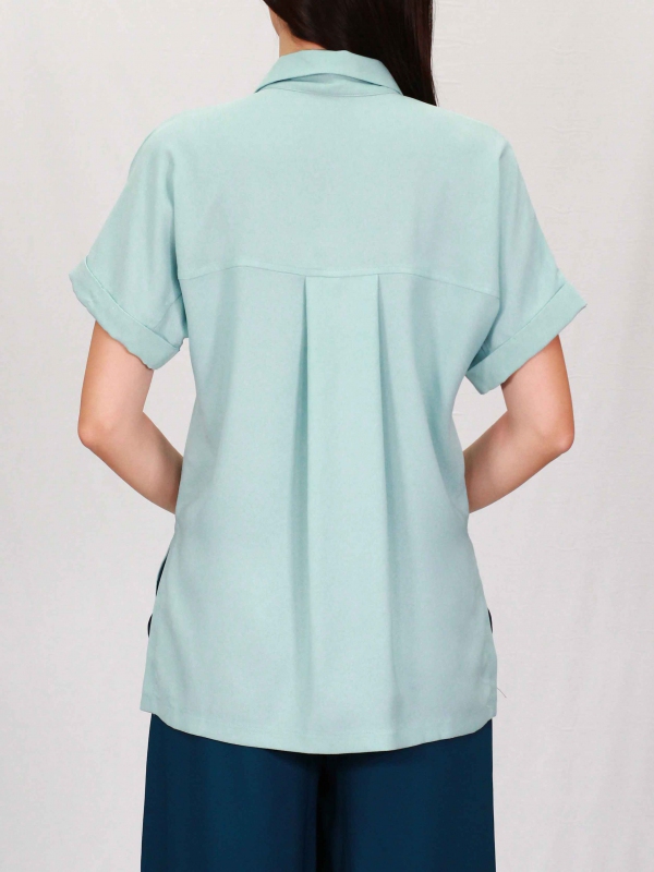 PAISLEY COLLARED SHORT SLEEVE BLOUSE IN LIGHT TEAL - TOPS - WOMEN