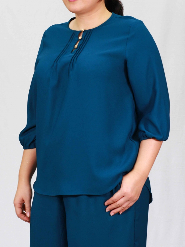PENNY ROUND NECK 3/4 SLEEVE BLOUSE IN PETROL - TOPS - PLUS SIZE