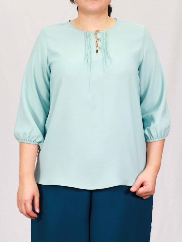 PENNY ROUND NECK 3/4 SLEEVE BLOUSE IN LIGHT TEAL - TOPS - PLUS SIZE