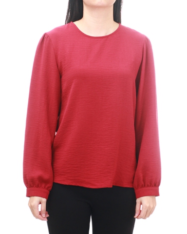 YVONNE ROUND NECK LONG SLEEVE BLOUSE IN DARK RED